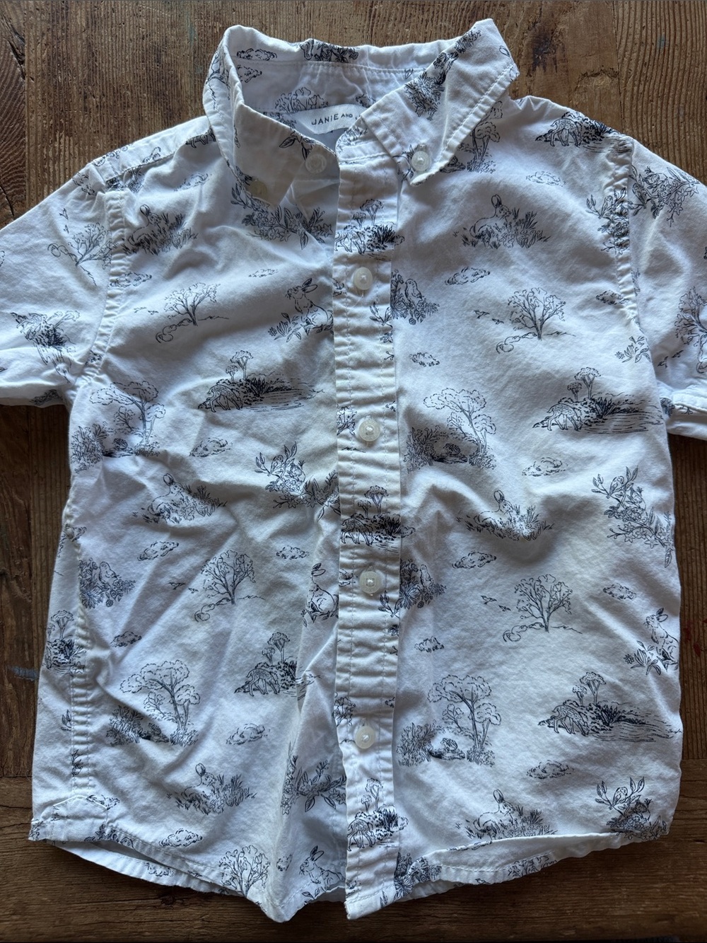 Janie and Jack White Short-Sleeve Button-Down Shirt with Black Botanical Print